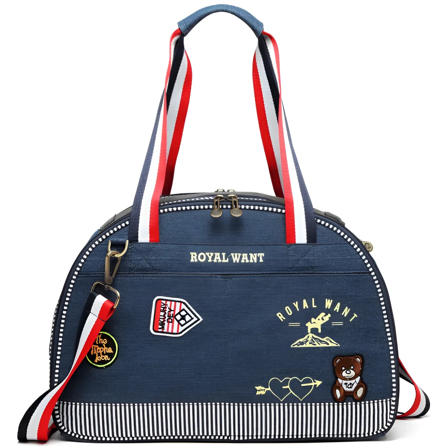 Blue denim pet diaper bag with cartoon pattern, dimensions 43cm by 20cm by 30cm.