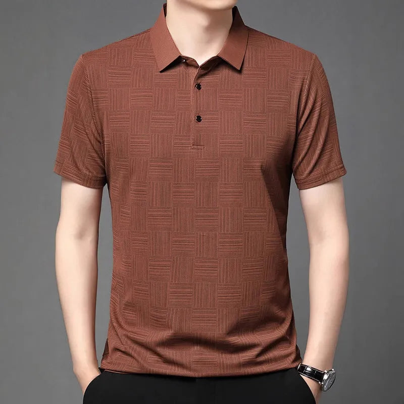Men's slim fit lapel collar t-shirt in chemical fibre blend fabric, shown in multiple colour options