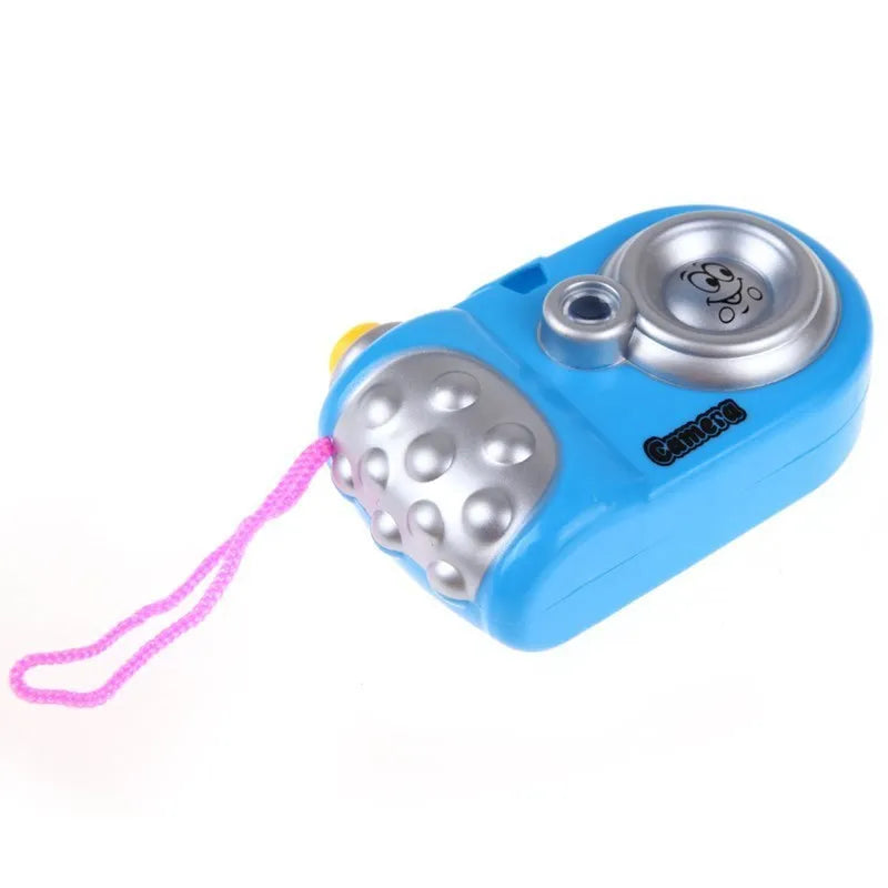 Blue and pink kids projection camera toy showing animal images with sliding lens
