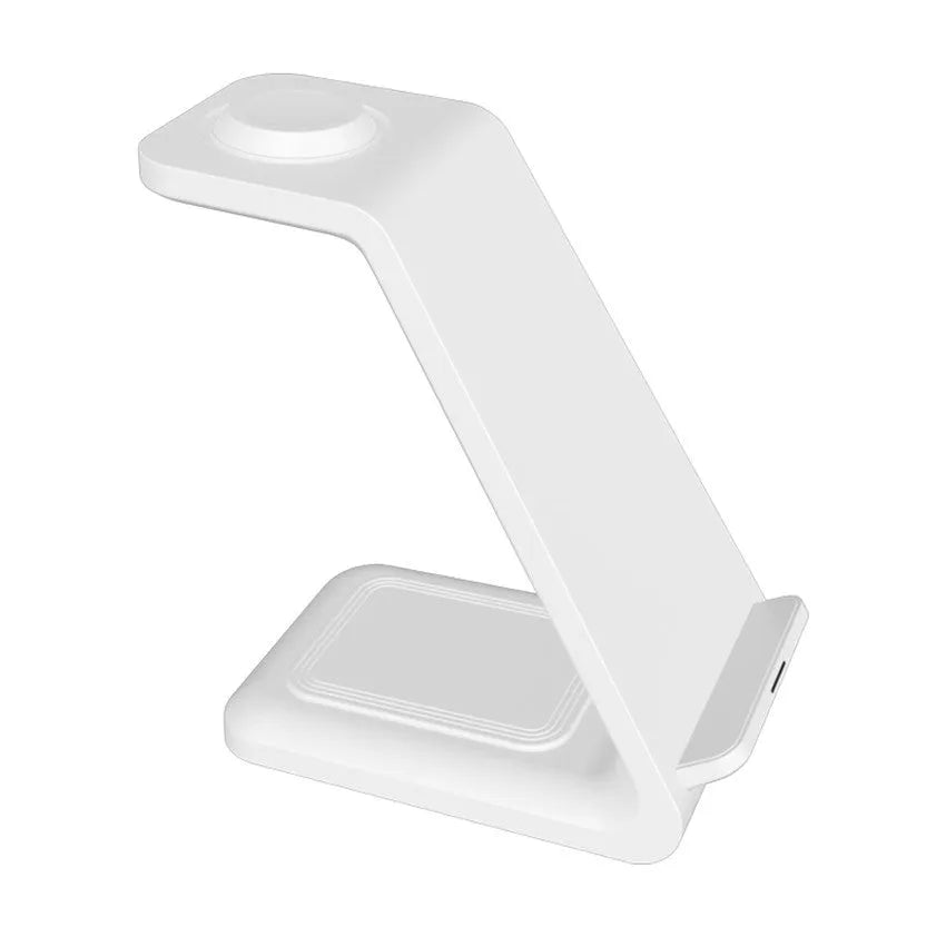 White upright wireless charging stand holding a mobile phone, with a smartwatch and earbuds case charging on its base.