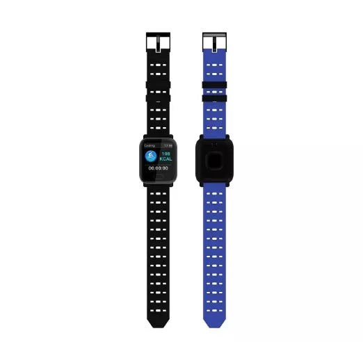 A6 smart bracelet with colour screen and silicone strap in blue, showing the zinc alloy case.