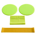 Colourful yoga fitness three-piece set with sliding discs, tension band, and resistance ring on a smooth floor
