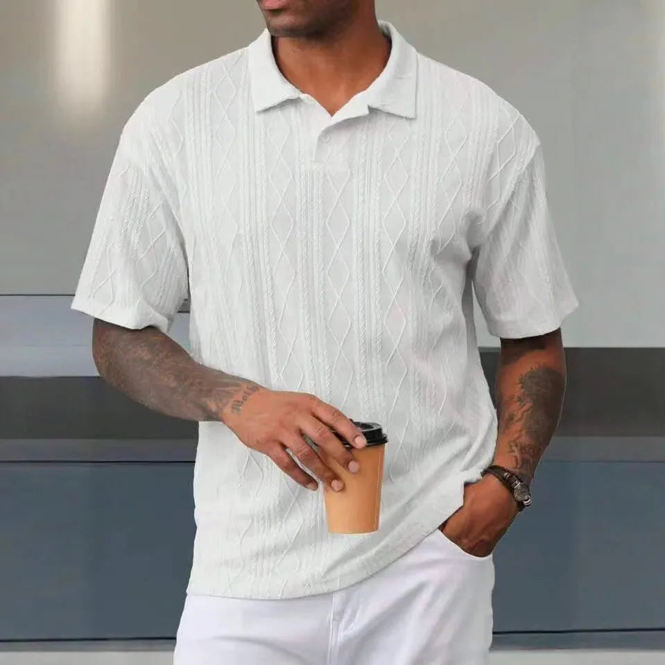 Men's short sleeve t-shirt with a retro button lapel detail and slit hem, in a solid colour.