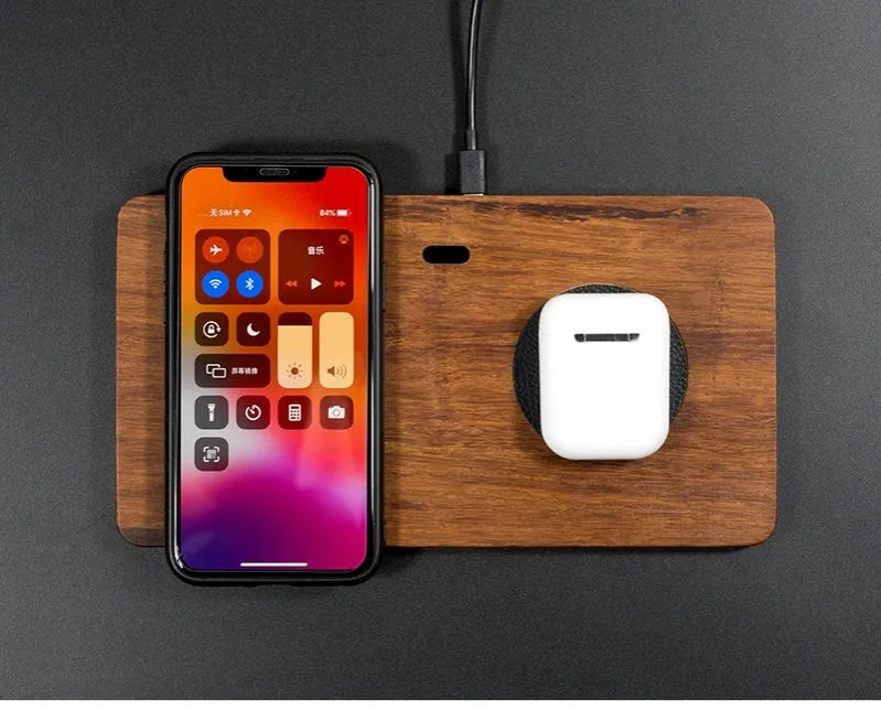 Wooden desktop wireless phone charger in heavy bamboo or black walnut solid wood with 10W output
