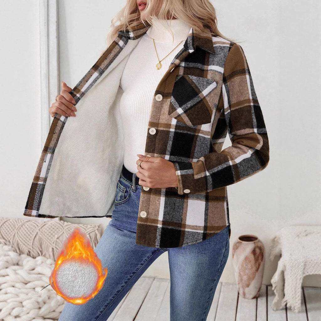 Woolen woven plaid button shirt collar jacket top in brown – Asian size S to XL, polyester fabric, pocket, Japanese Korean casual style