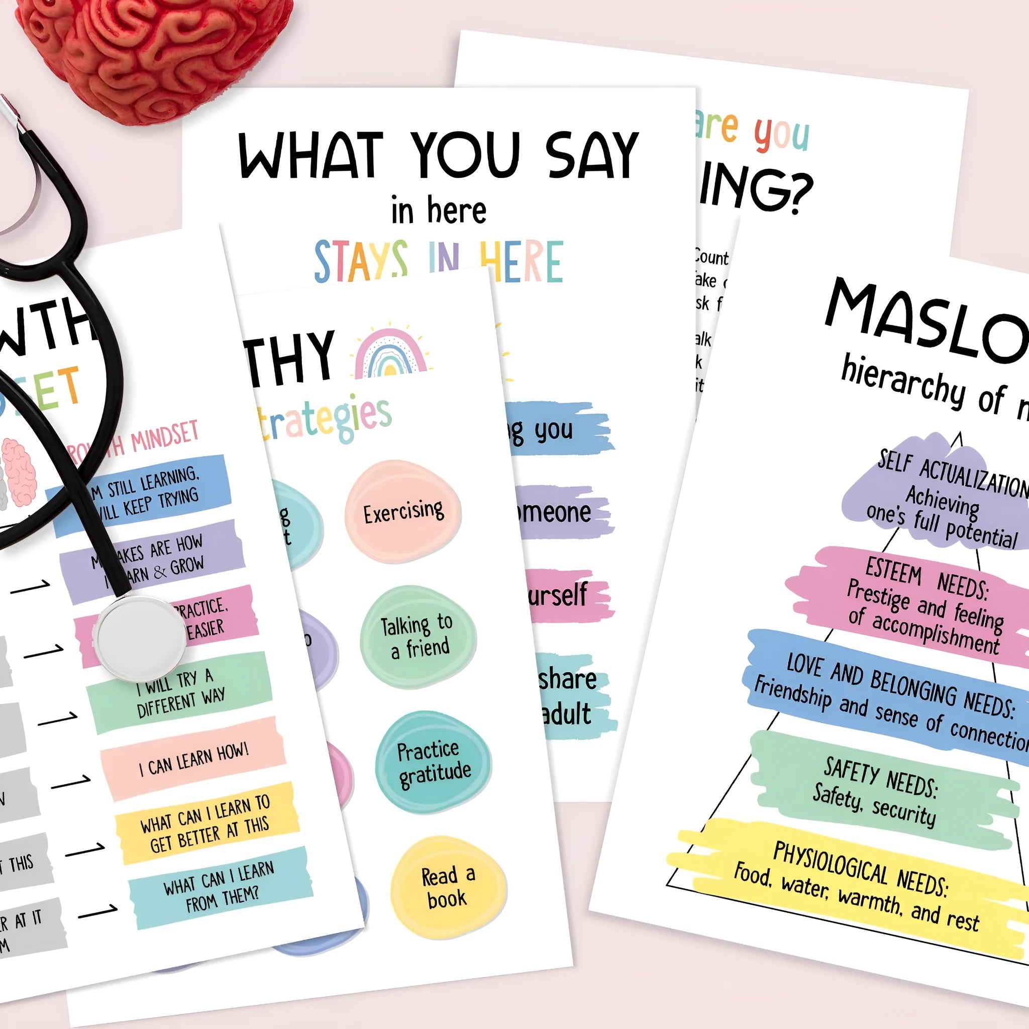 Set of 12 mental health posters with bright film finish, each 255x355mm, on a white background with 60 glue dots