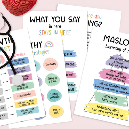 Set of 12 mental health posters with bright film finish, each 255x355mm, on a white background with 60 glue dots