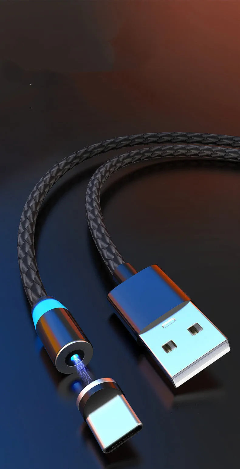 Magnetic charging cable with glowing LED light connected to a smartphone showing Lightning, USB-C, and Micro USB magnetic adapters.