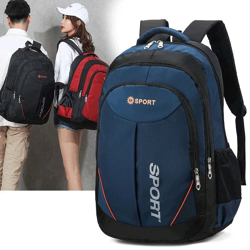 Large nylon laptop travel backpack in black with curved shoulder straps and letter detailing