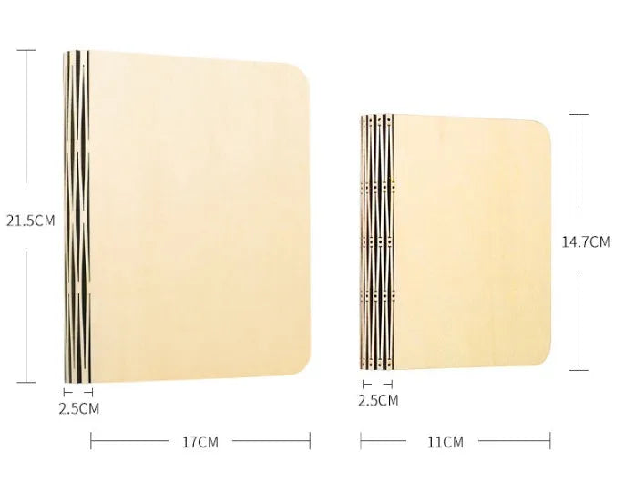 Solid wood USB-powered book light in three sizes on a desk with a book.