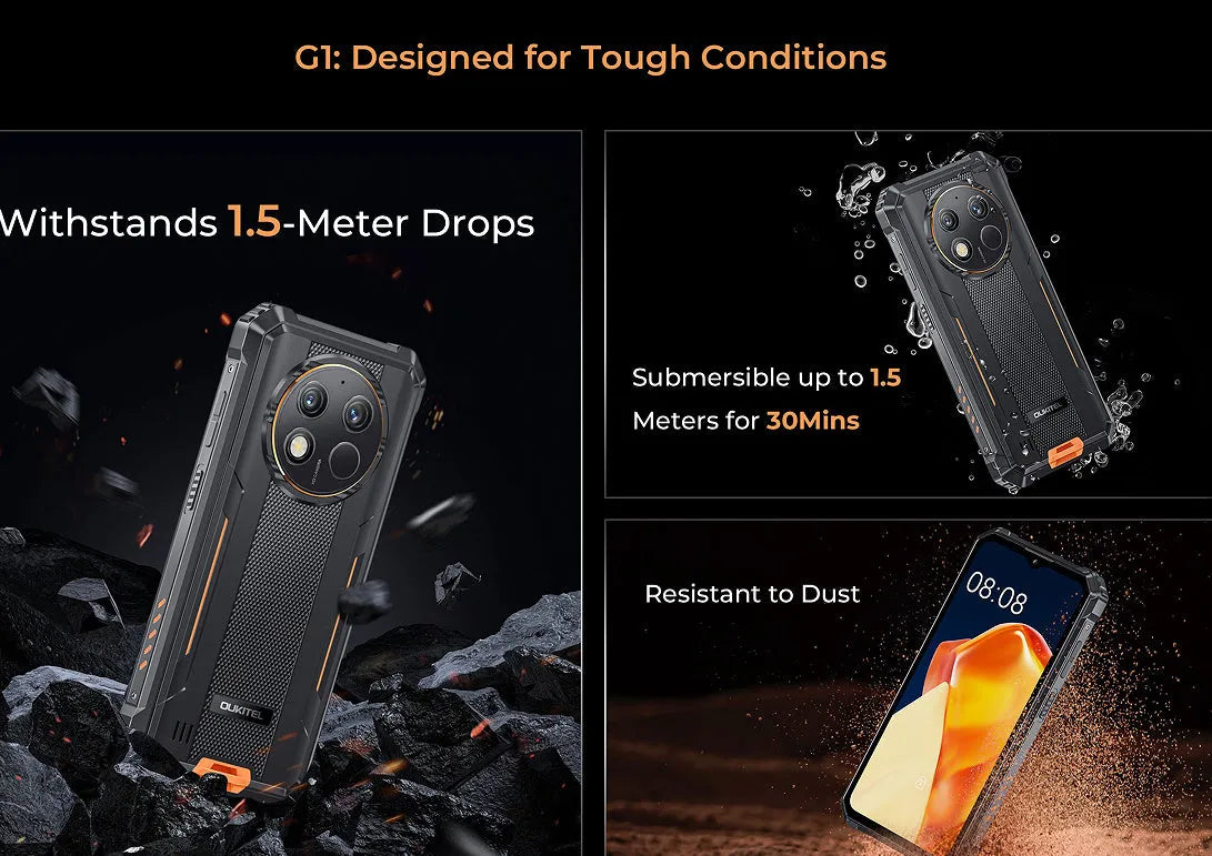 OUKITEL G1 mobile phone in green, grey, and orange colour options with charger.
