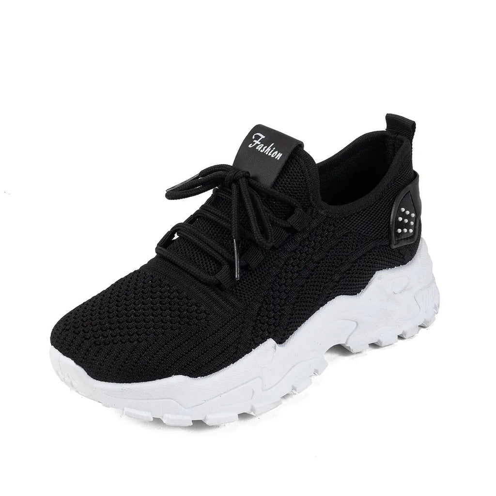 Women's Flyknit mesh sports casual shoes in multiple colours with flat heel and lace-up closure