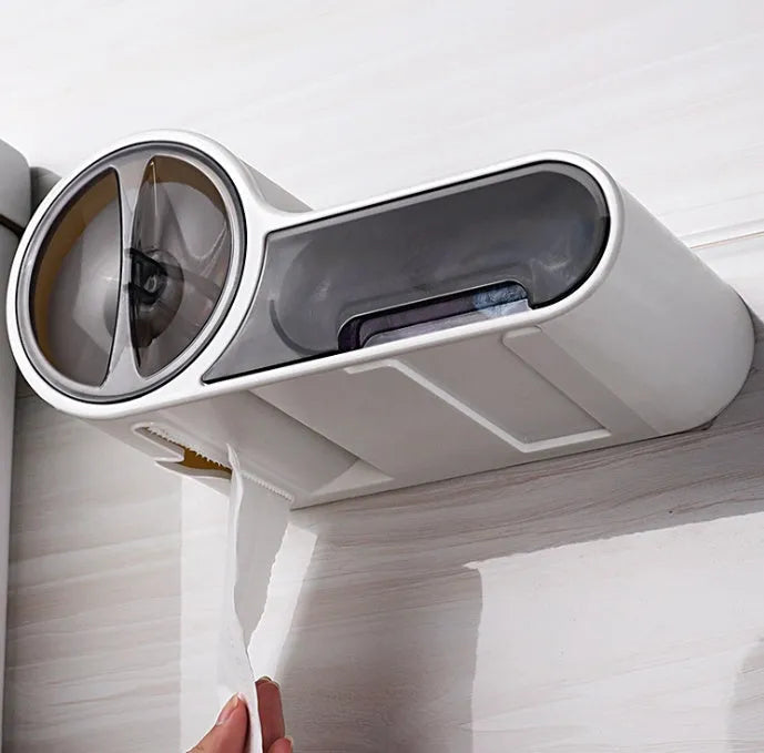 White plastic toilet roll holder with curved design for wall mounting