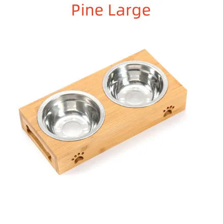 Solid wood pet dining table with stainless steel bowls in pine or bamboo finish