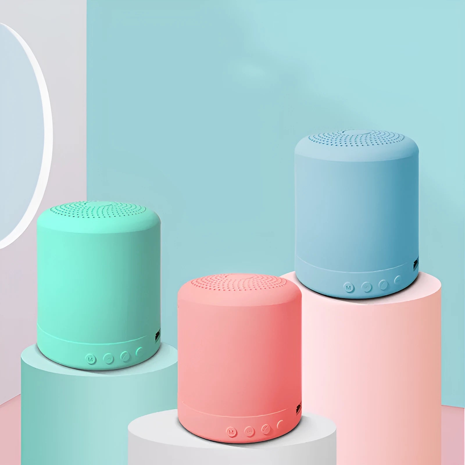 A11 compact wireless stereo speaker in black, pink, blue, or green colours measuring 62x62x73.7mm