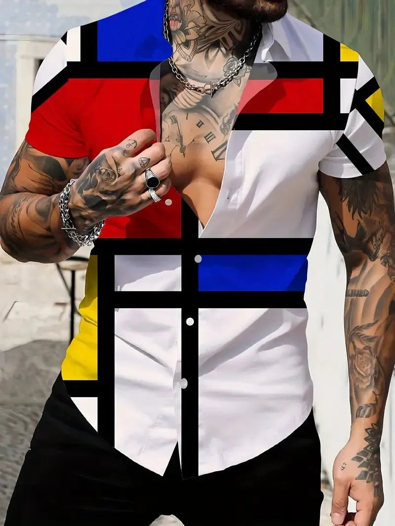 Men's geometric line print short sleeve shirt with lapel neckline in slim fit polyester