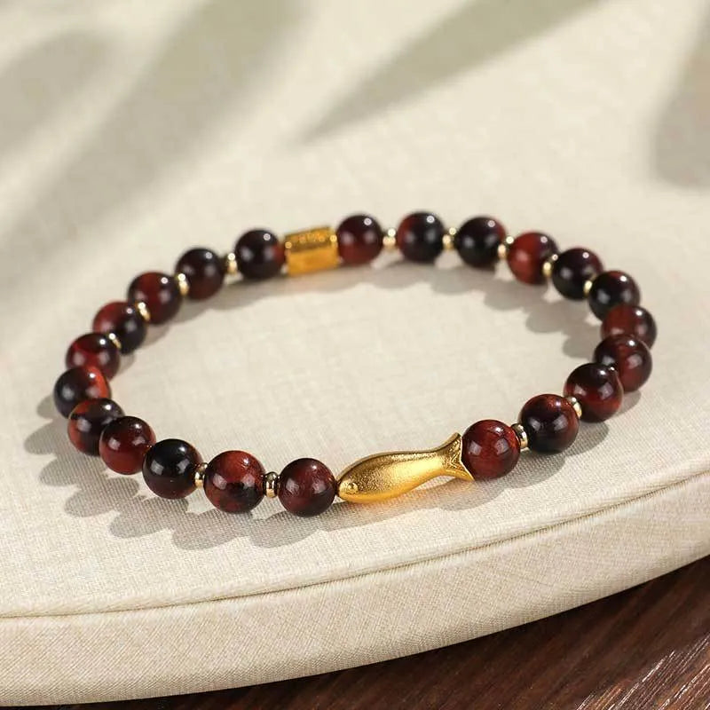 Handmade small fish beaded bracelet in natural tiger eye gemstones for women