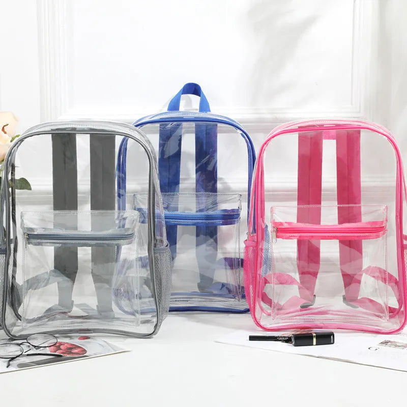 Transparent PVC backpack in multiple colours showing contents visible through clear material