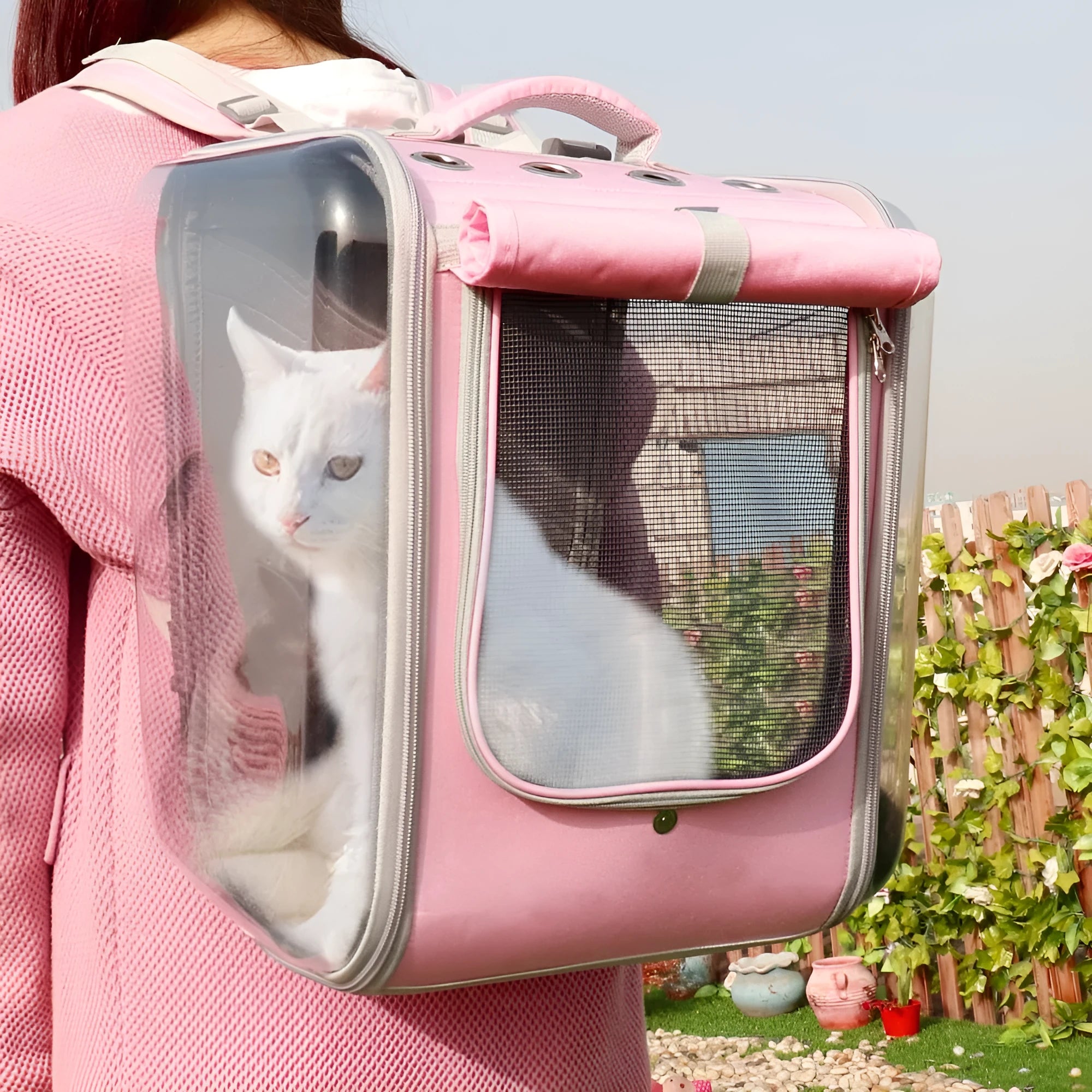 Portable cat backpack in agate grey with breathable mesh window and adjustable shoulder straps