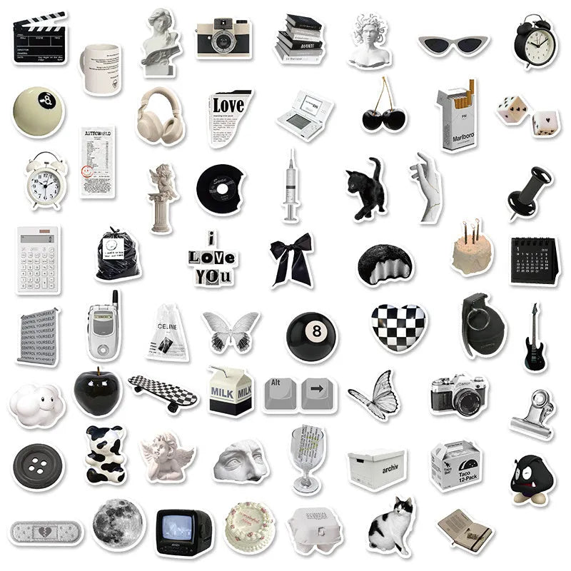 A pack of 61 black and white simple design waterproof PVC stickers for laptops and luggage.