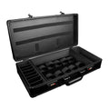 Black PVC suitcase with combination lock for storing hair styling tools, shown with dimensions 55cm by 27cm.