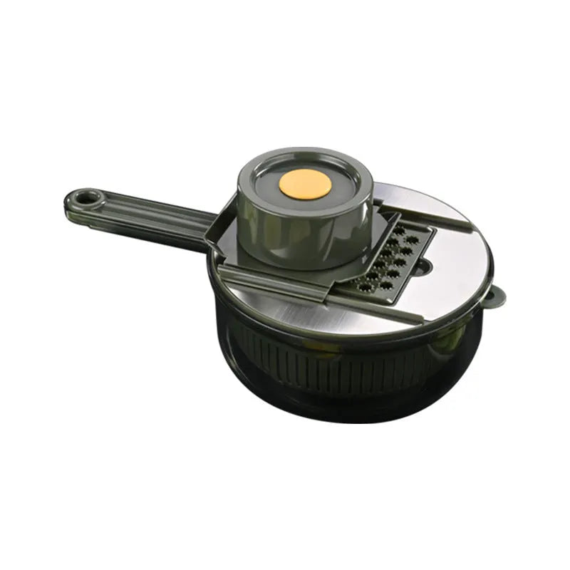 Household vegetable slicer with five stainless steel blades, gauntlet and paring knife in grey or green