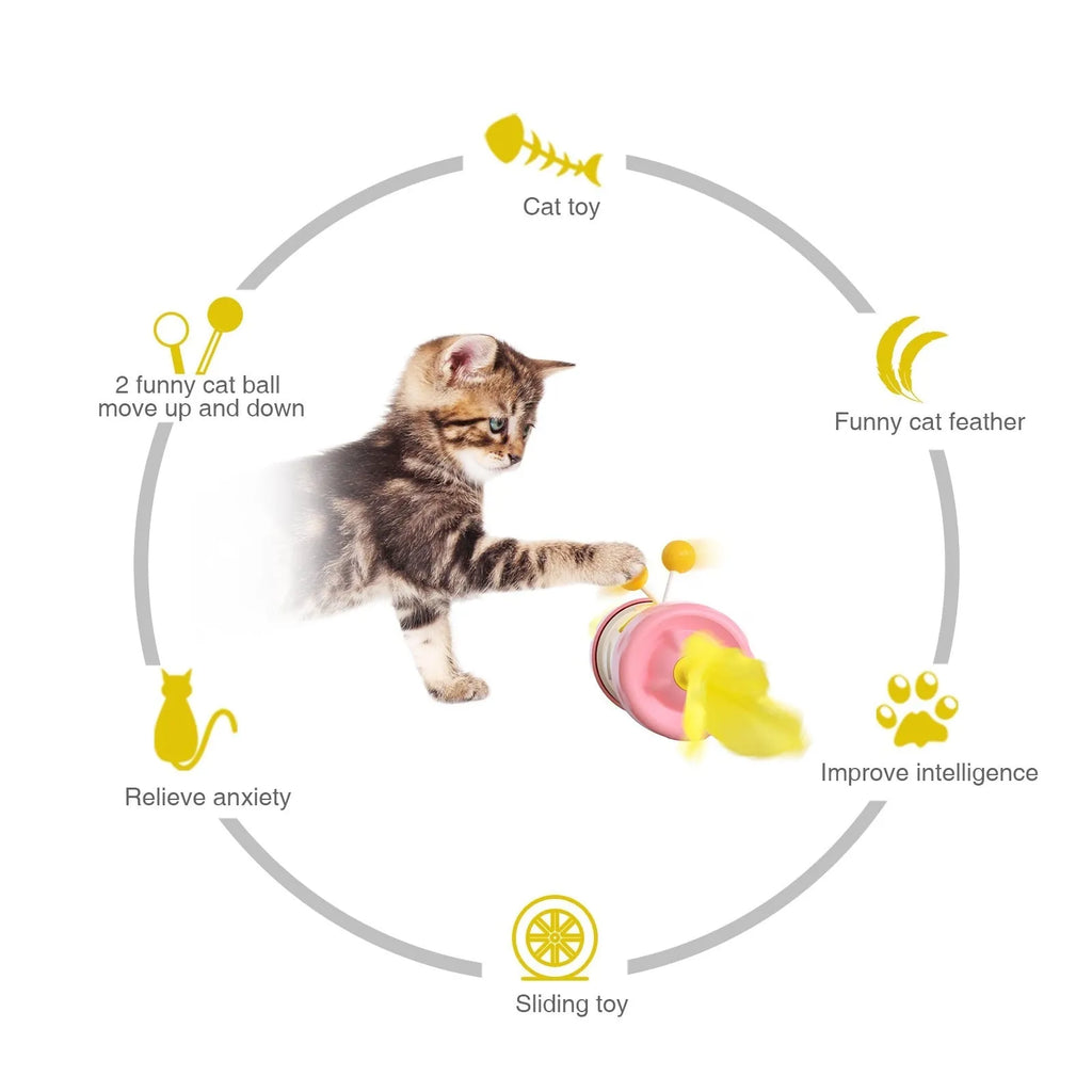 Cat toy set with stick pole, feather ball, and puzzle toy in assorted colours