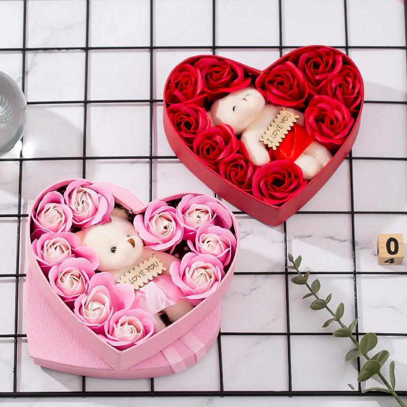 Red heart-shaped gift box containing natural soap roses for Valentine's Day or Mother's Day gifts