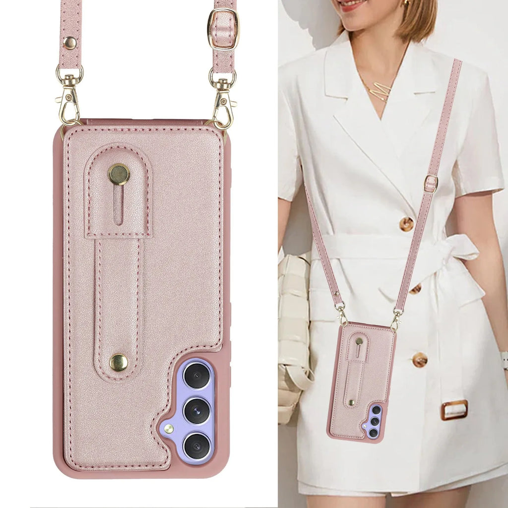 Samsung A54 5G leather phone case with matching lanyard in black, brown, purple, rose gold, wine red colours