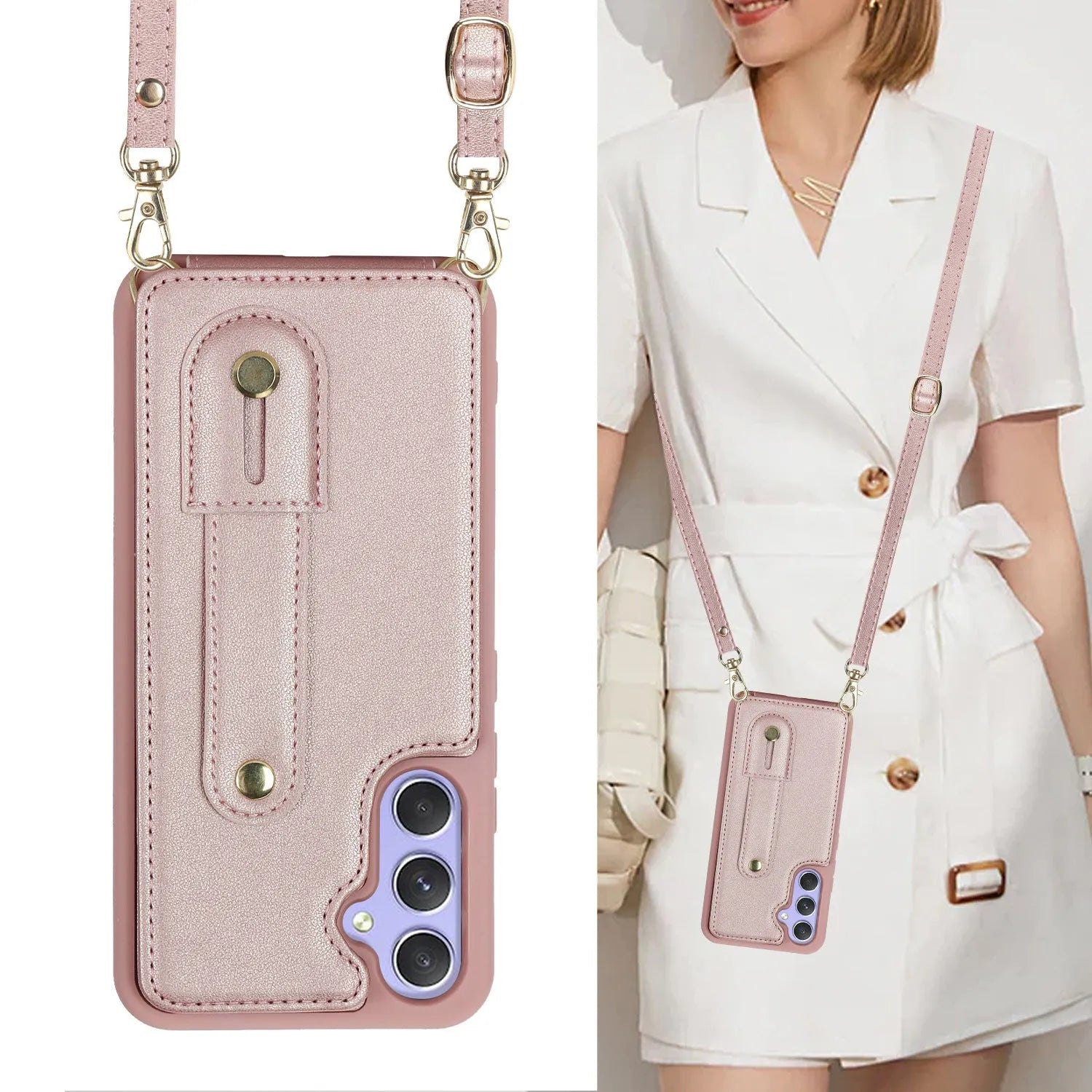 Samsung A54 5G leather phone case with matching lanyard in black, brown, purple, rose gold, wine red colours