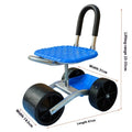 Folding garden mobile seat on wheels with galvanized pipe frame, shown in outdoor setting