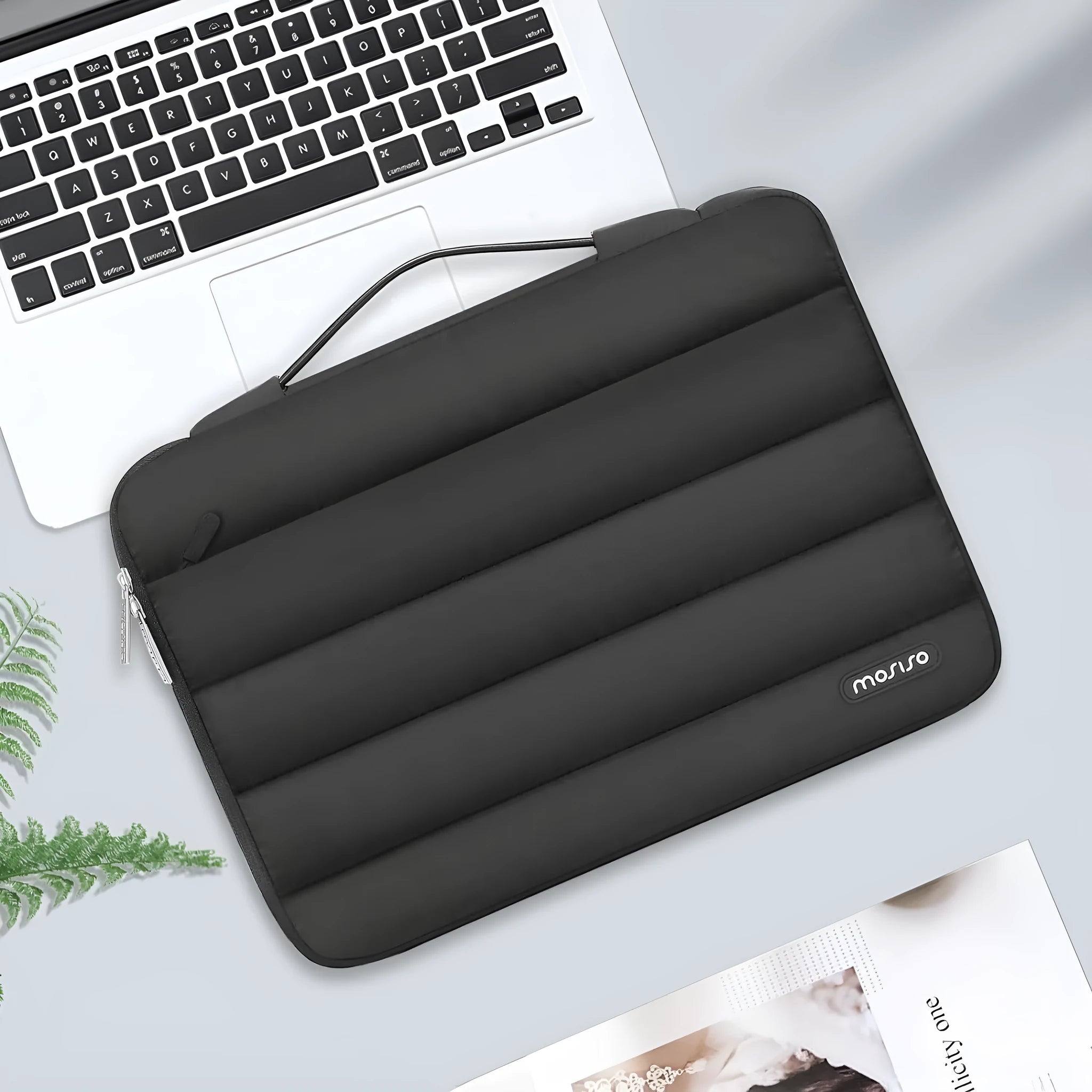 Velvet laptop sleeve in black with plaid pattern for 13.3 or 15.4 inch laptops