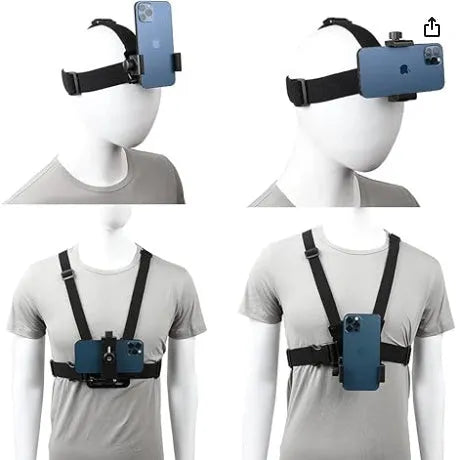 9-in-1 black chest strap and headband suit for sports cameras and smartphones on a plain background
