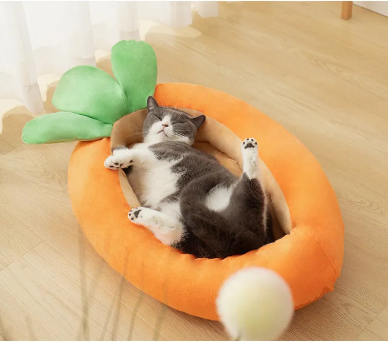 Carrot-shaped enclosed dog nesting bed with a soft blanket, shown in medium and large sizes.