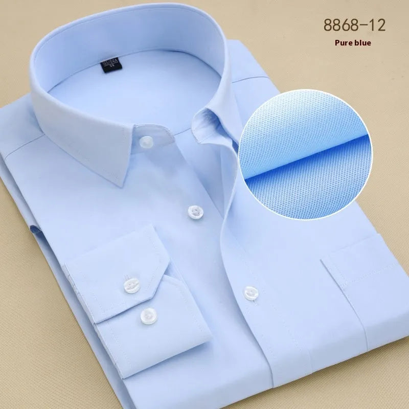 Men's black long sleeve cotton shirt in business slim fit style on a hanger