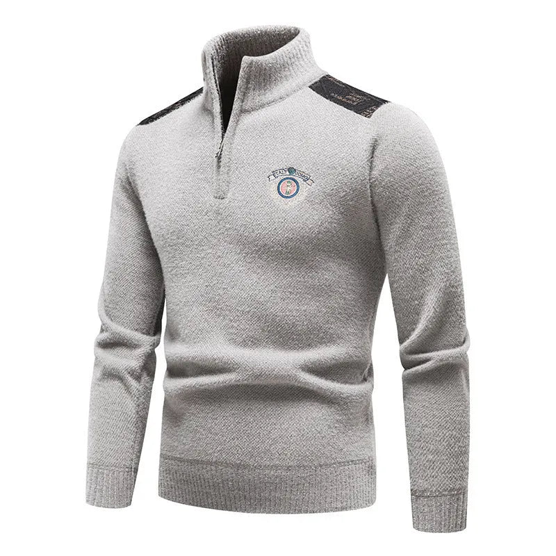 Men's velvet stand collar thickened pullover sweater in a straight cut, shown in beige colour.