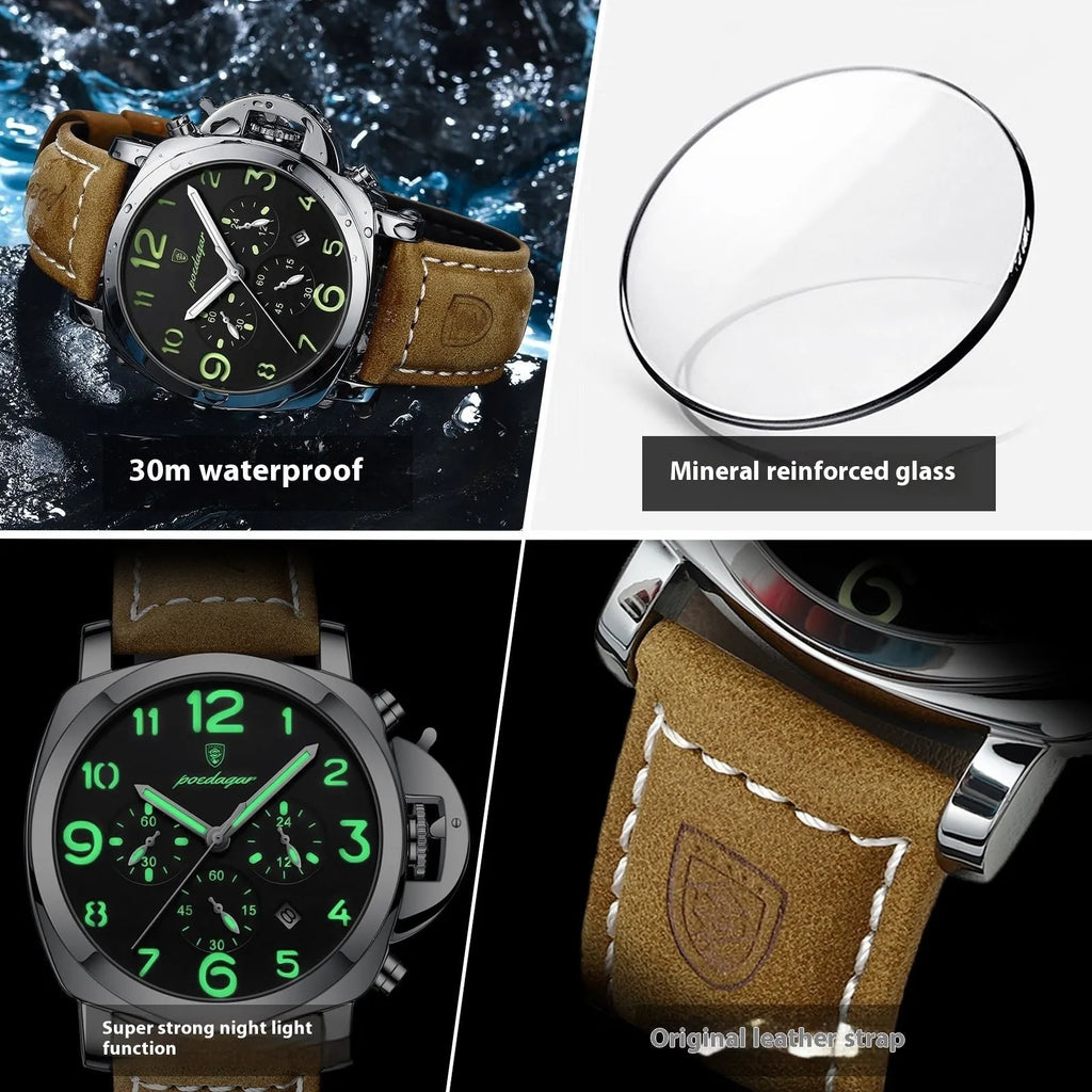Men's casual sports watch with round alloy case, real leather strap, and mineral glass mirror on wrist