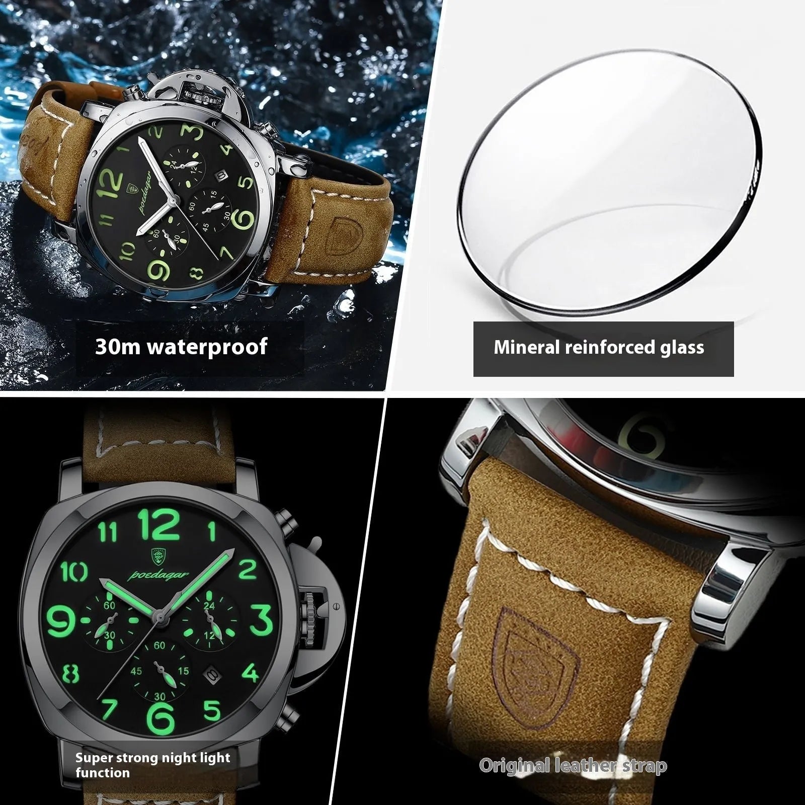 Men's casual sports watch with round alloy case, real leather strap, and mineral glass mirror on wrist