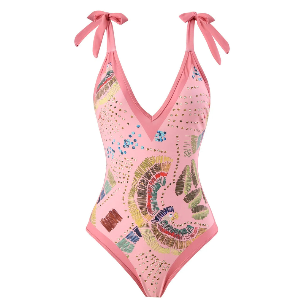 French retro one-piece swimsuit with matching gauze skirt in blue or pink colour options