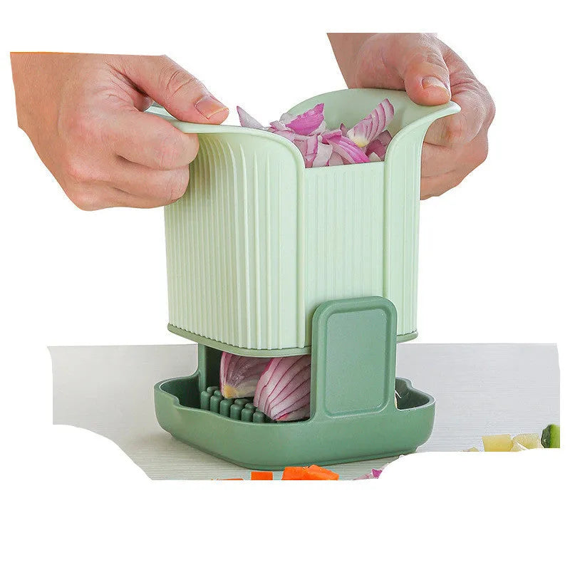 Green multifunctional vegetable chopper with French fries cutter and hand pressure operation