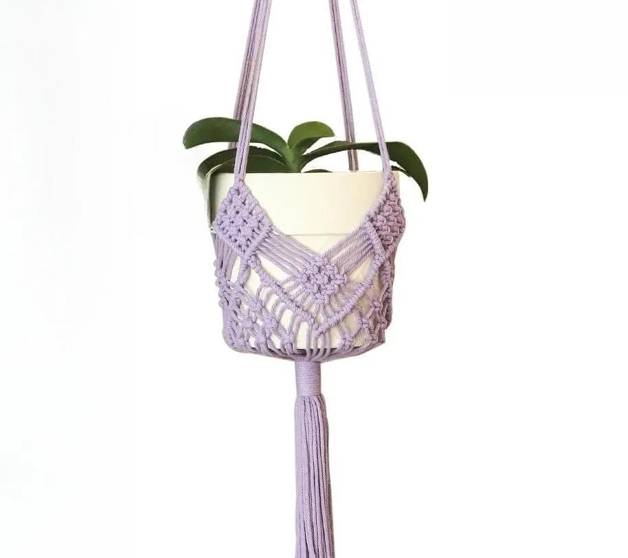 Hand-woven polyester cotton flower pot with net pocket extension cord in brown colour