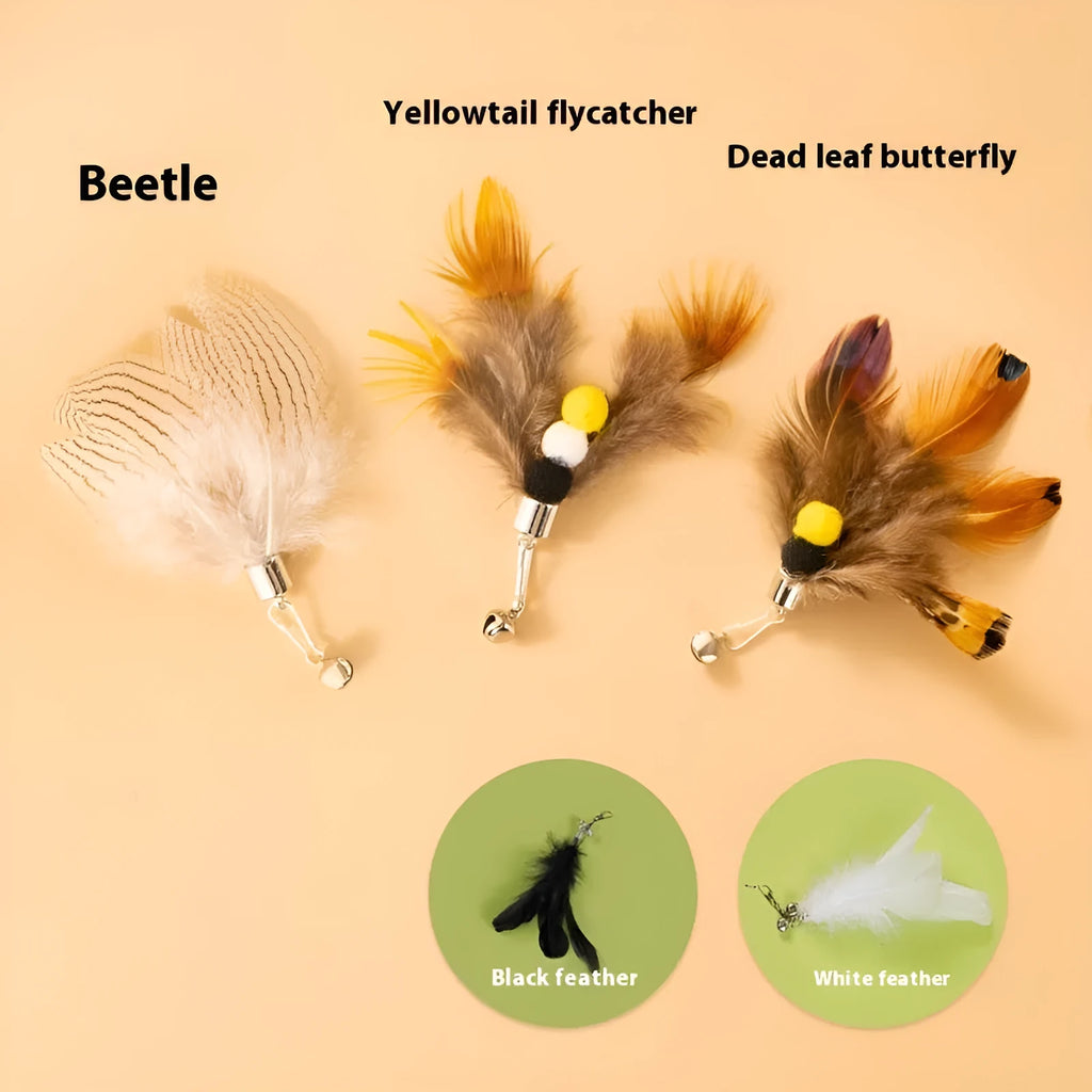 Three steel wire cat toy replacement heads shaped like small flying insects on a white background