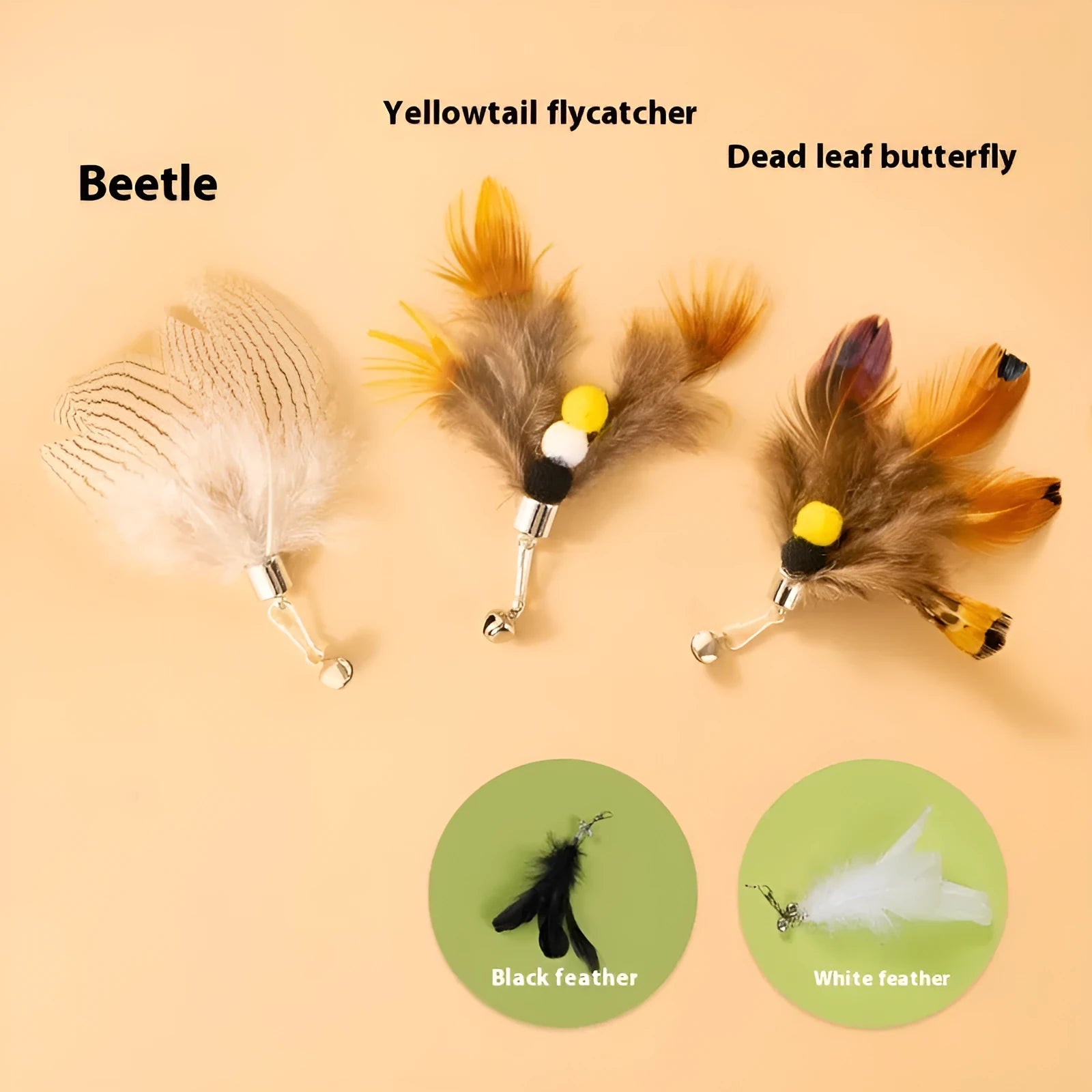 Three steel wire cat toy replacement heads shaped like small flying insects on a white background