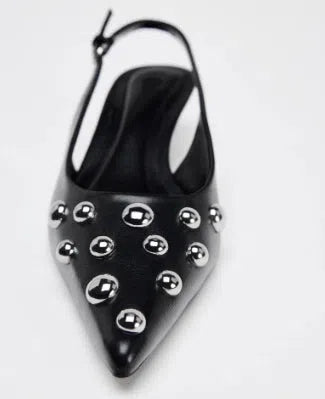 Women's black pointed stiletto wedge heel shoes with rivet decorations and synthetic PU upper