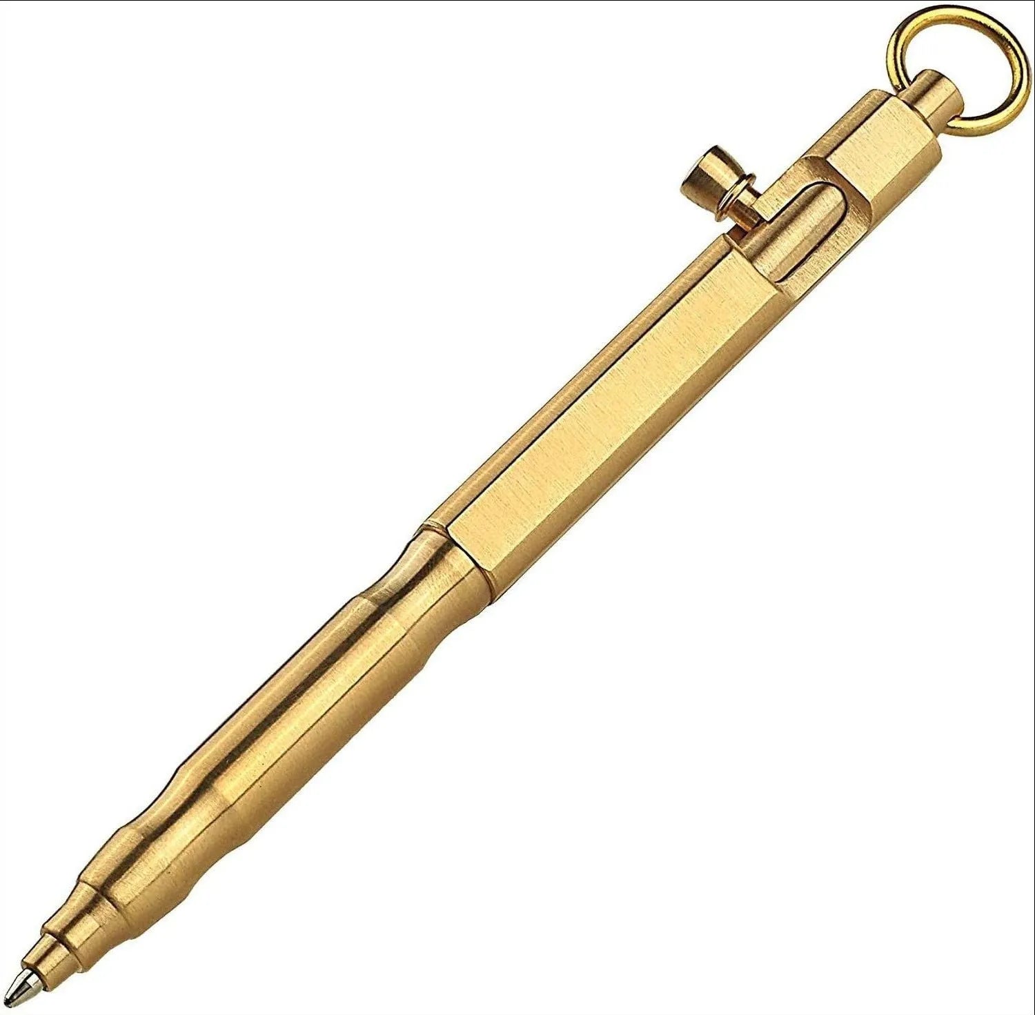 Brass hexagonal bolt-action tactical pen in brass and retro black colours, showing machined details.