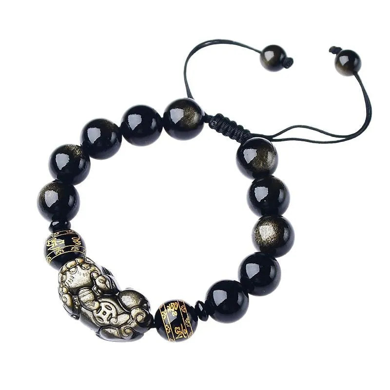 Hand-woven golden obsidian Pi Xiu bracelet with zodiac design in multiple bead sizes