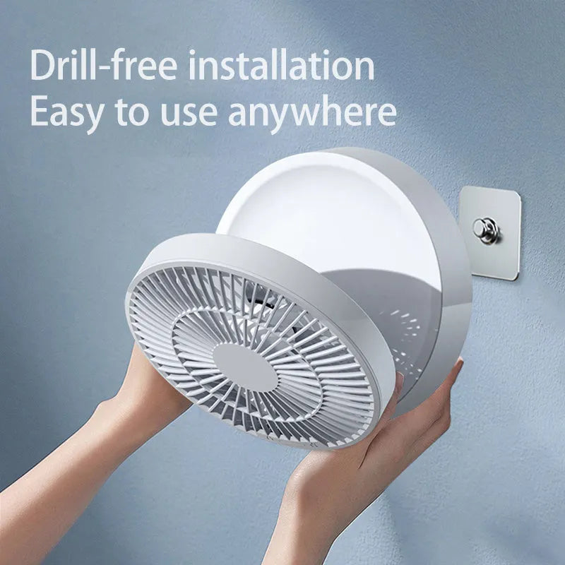 White portable folding fan with remote control showing 90° angle adjustment and detachable cover