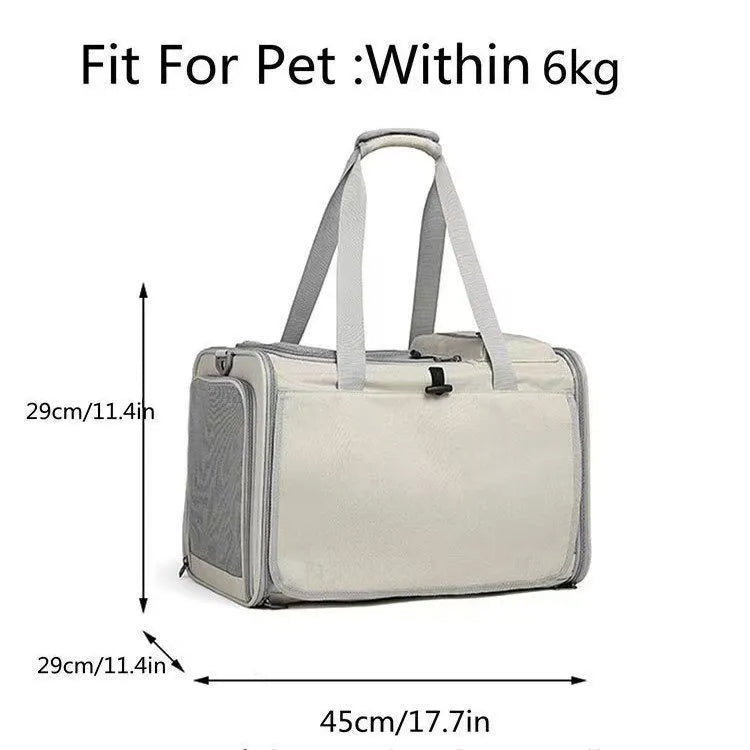 Beige portable pet carrier bag for dogs and cats with breathable mesh sides and top handle