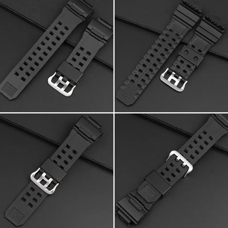 Camouflage pattern TPU watch strap with silver buckle on a grey background.