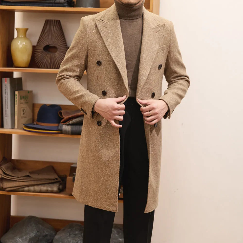 Brown men's double breasted slim jacket with side seam pockets and straight hem
